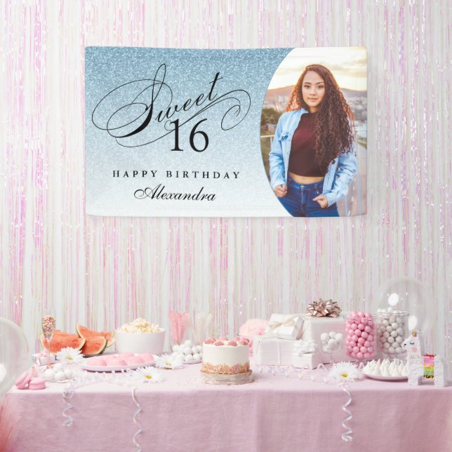 Light Blue Glitter Sweet 16 Personalised Photo Banner (Party)