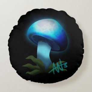 Light Blue Glowing Mushroom Round Cushion