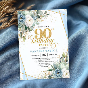 Light blue gold accents floral chic 90th birthday invitation