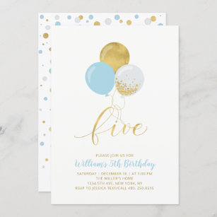 Light Blue & Gold Balloons Five 5th Birthday Party Invitation
