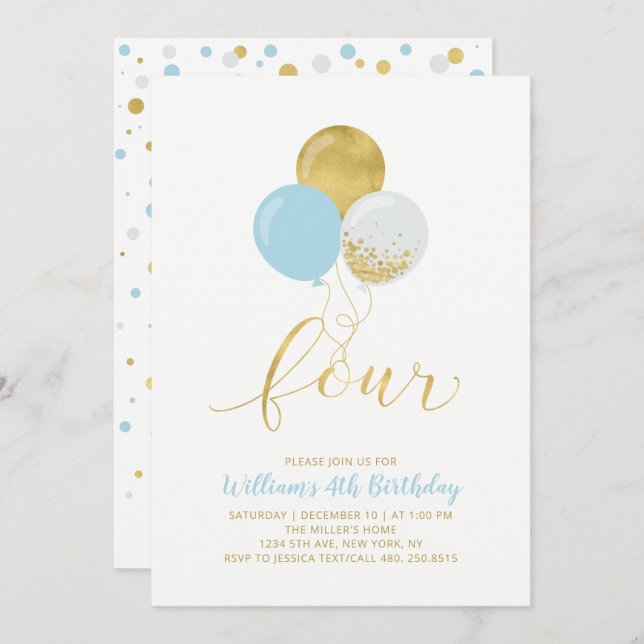 Light Blue & Gold Balloons Four 4th Birthday Party Invitation (Front/Back)