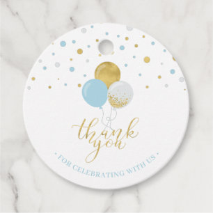 Light Blue & Gold Balloons One 1st Boy Birthday Favour Tags