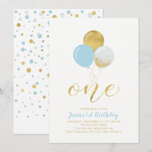 Light Blue & Gold Balloons One 1st Boy Birthday Invitation