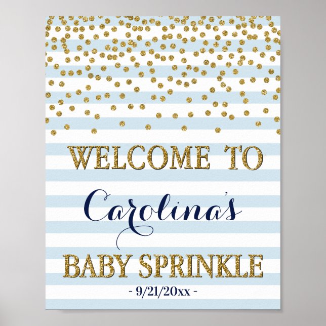 Light Blue Gold Boy Baby Sprinkle Welcome Sign (Front)