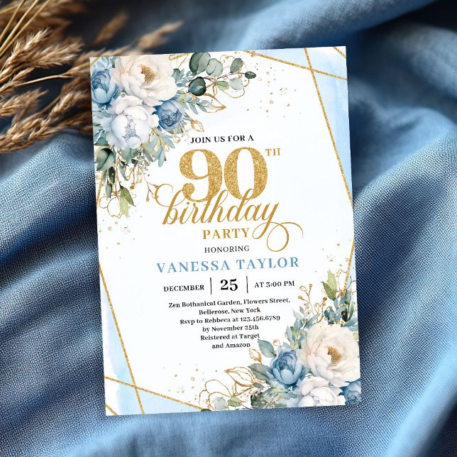 Light blue gold brushed glitter 90th birthday  invitation (Light blue gold brushed glitter 90th birthday invitation)