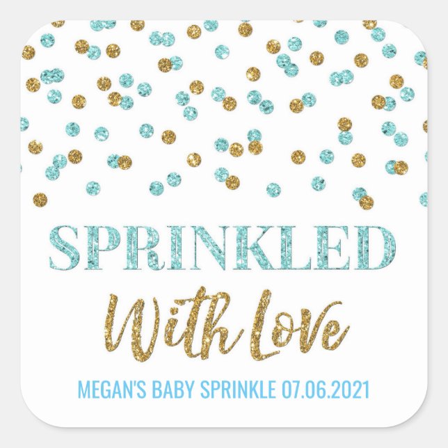 Light Blue Gold Confetti Sprinkled with Love Square Sticker (Front)