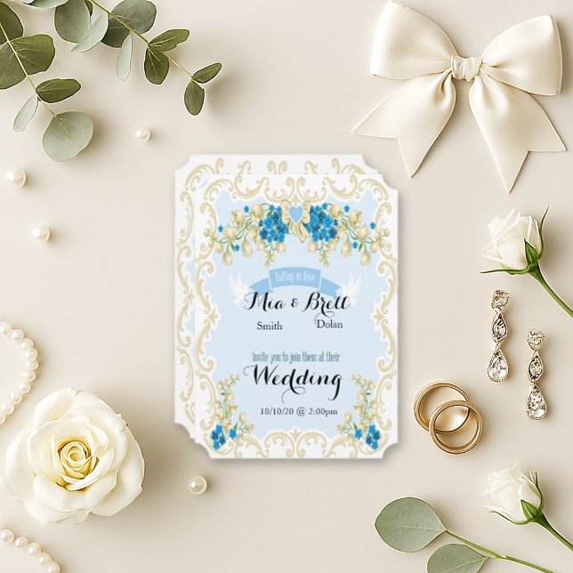 Light Blue Gold Floral Dove Wedding Invitation (Creator Uploaded)