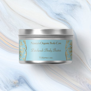 Light blue & gold foil damask cosmetics label 1