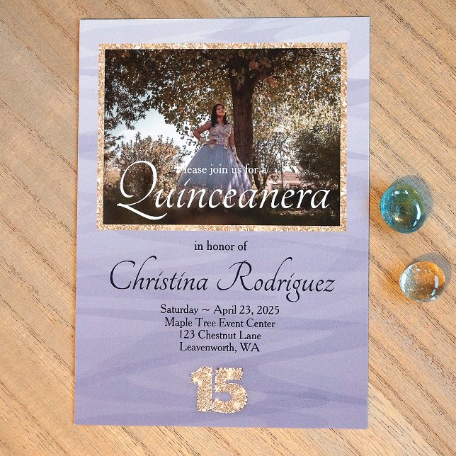 Light Blue, Gold Glitter 15 Quinceanera Photo  Invitation (Dusty blue, baby blue and gold glitter 15, Quinceanera Invitations for Elegant light blue dress.)