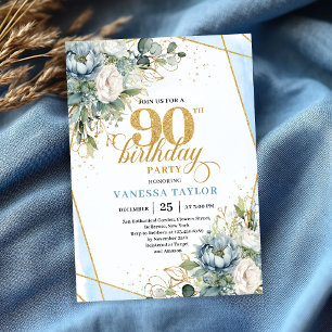 Light blue gold luxe border greenery 90th birthday invitation