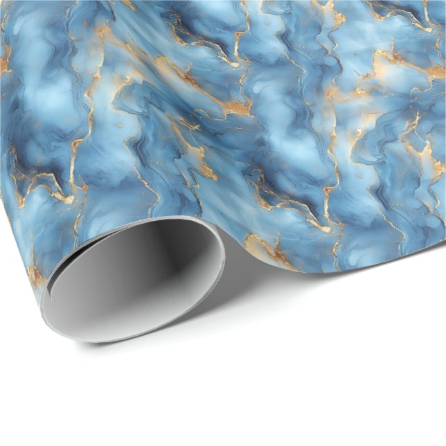 Light Blue & Gold Marble Wrapping Paper (Roll Corner)
