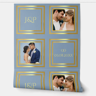 Light blue gold photo names wedding decoration wallpaper