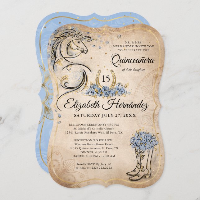 Light Blue Gold Quinceanera Rustic Horse Birthday Invitation (Front/Back)