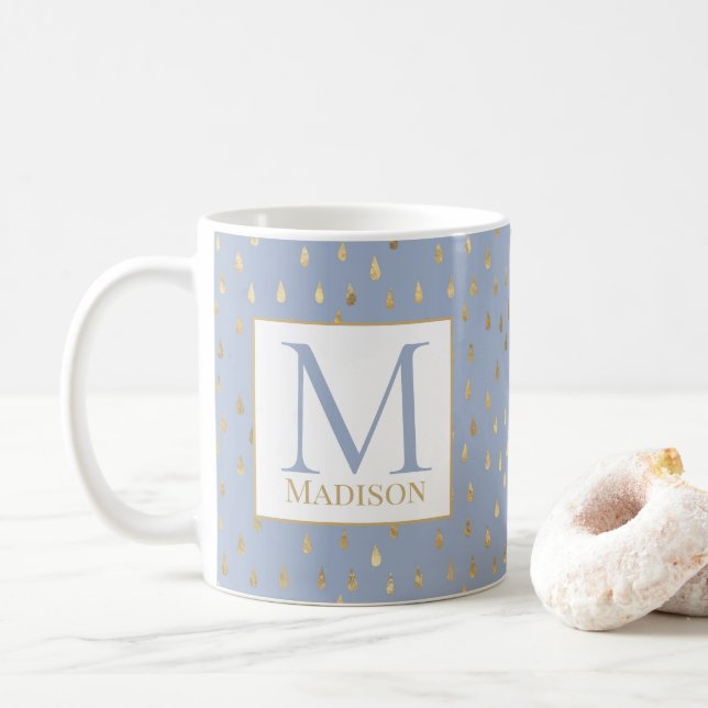 Light Blue Gold Raindrop Modern Trendy Monogram Coffee Mug (With Donut)