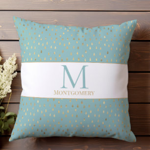 Light Blue Gold Raindrop Modern Trendy Monogram Cushion