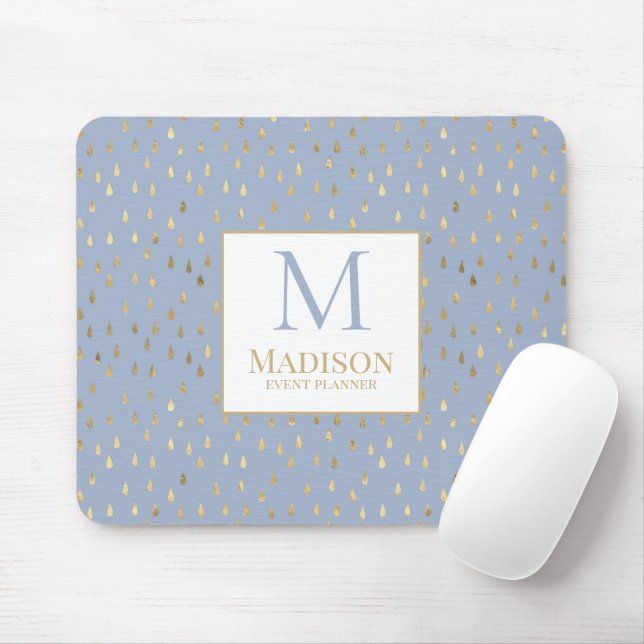 Light Blue Gold Raindrop Modern Trendy Monogram Mouse Pad (With Mouse)