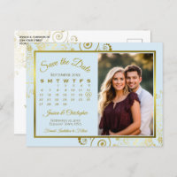 Light Blue & Gold Wedding Save Date Calendar Photo