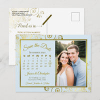 Light Blue & Gold Wedding Save Date Calendar Photo