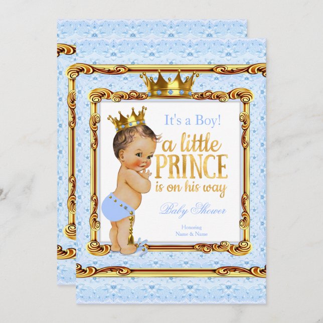 Light Blue Gold White Prince Baby Shower Brunette Invitation (Front/Back)