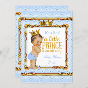 Light Blue Gold White Prince Baby Shower Brunette Invitation