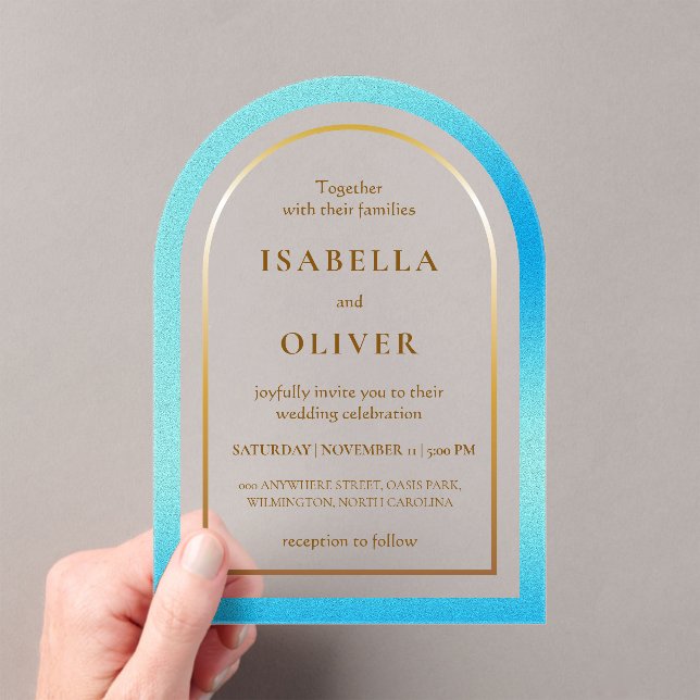 Light blue golden frame gradient wedding acrylic invitations (Insitu (Handheld))