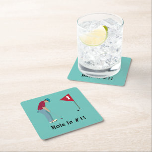 Light Blue Golfing Themed Square Paper Coaster