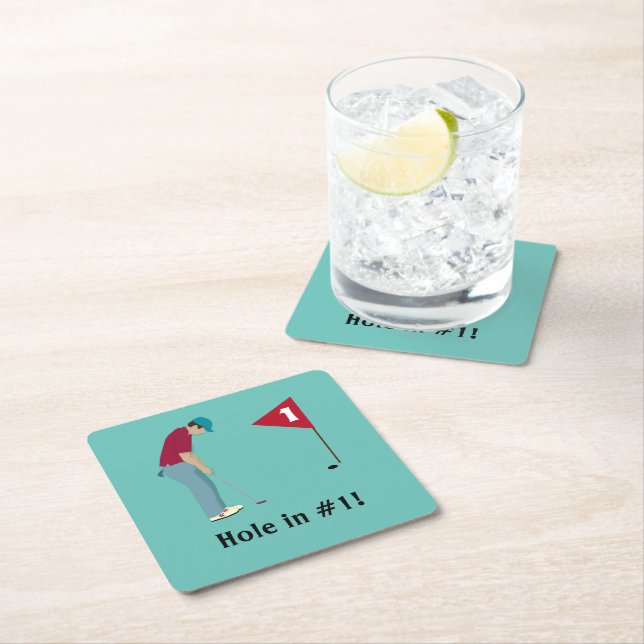 Light Blue Golfing Themed Square Paper Coaster (Insitu)