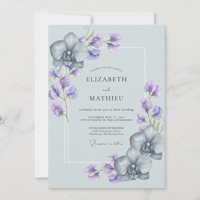 Light Blue Graceful Orchid Wedding Invitation (Front)