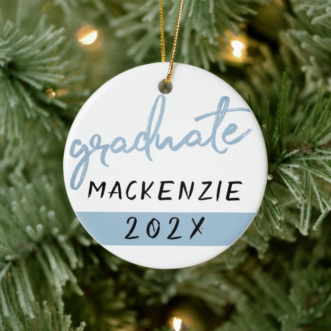 Light Blue Graduate | Cool Brush Script on White Ceramic Tree Decoration (Tree)
