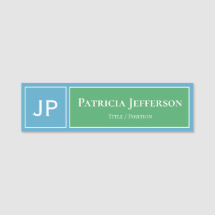 Light Blue, Green, And White Professional Monogram Name Tag