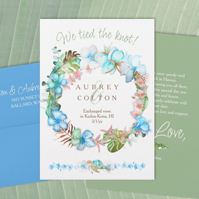 Light Blue & Green Tropical Elopement Announcement (tropical blue, light green leaves, round wreath, elopement beach ceremony announcement, hibiscus)