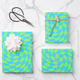 Light Blue & Green Warped Checkerboard Pattern  Wrapping Paper Sheet