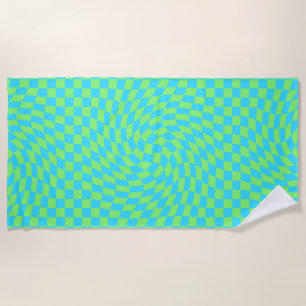 Light Blue & Green Warped Chequerboard Pattern  Beach Towel