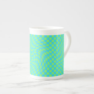 Light Blue & Green Warped Chequerboard Pattern  Bone China Mug