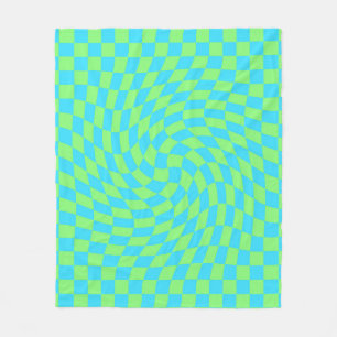 Light Blue & Green Warped Chequerboard Pattern Fleece Blanket