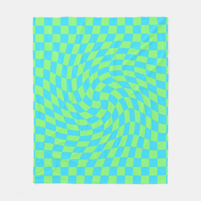 Light Blue & Green Warped Chequerboard Pattern  Fleece Blanket (Front)