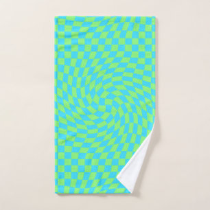 Light Blue & Green Warped Chequerboard Pattern  Hand Towel