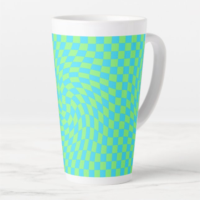 Light Blue & Green Warped Chequerboard Pattern  Latte Mug (Right Angle)