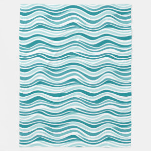 Light Blue / Green Wavy Lines on White Background Fleece Blanket