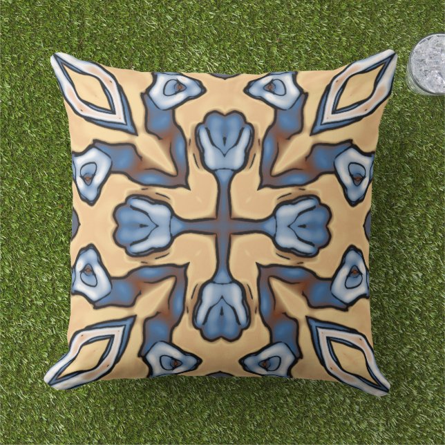 Light Blue Grey Cream Yellow Tan Brown Tribal Art Cushion (Grass)