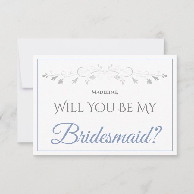 Light Blue & Grey Elegant Be My Bridesmaid Card (Front)