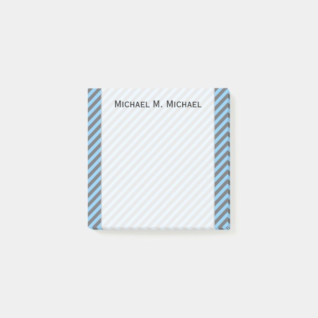 Light Blue & Grey Stripes Pattern + Custom Name Post-it Notes (Front)