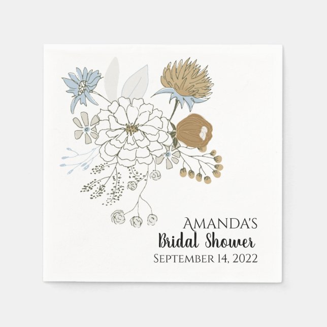 Light blue grey tan summer florals napkin (Front)