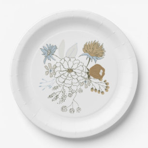 Light blue grey tan summer florals paper plate