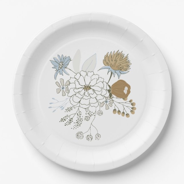 Light blue grey tan summer florals  paper plate (Front)