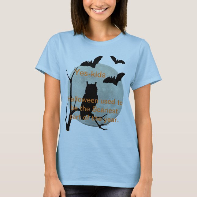 Light Blue Halloween Owl & Bats T-Shirt (Front)