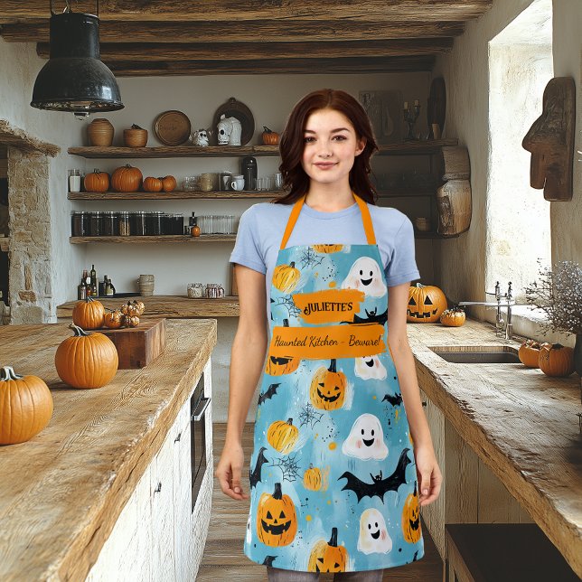 Light Blue Halloween with Ghosts, Pumpkins, Bats  Apron (Creator Uploaded)