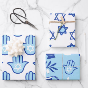 Light Blue Hamsa Star of David Pattern Hanukkah Wrapping Paper Sheet