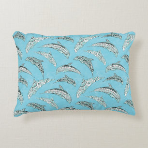 Light Blue Hawaiian Tribal Dolphins Decorative Cushion