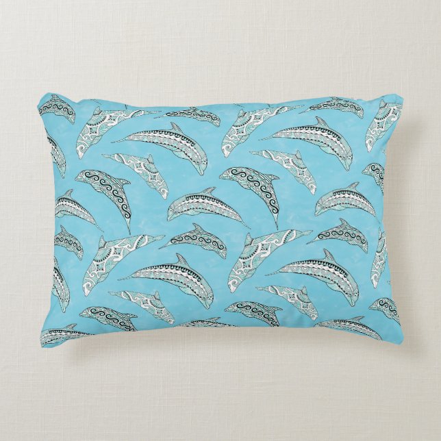 Light Blue Hawaiian Tribal Dolphins Decorative Cushion (Front)